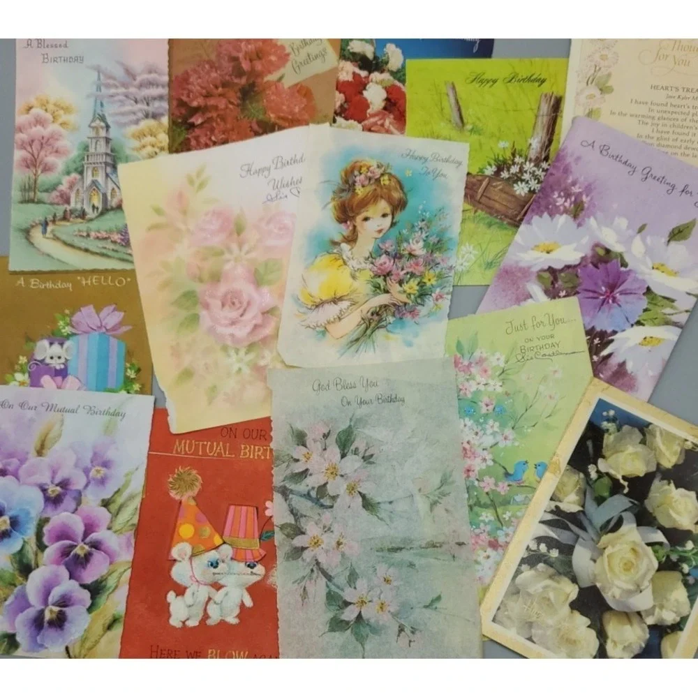 15 Old Vintage‎ Used Greeting Card Fronts for Crafts Mice Flowers Birthday